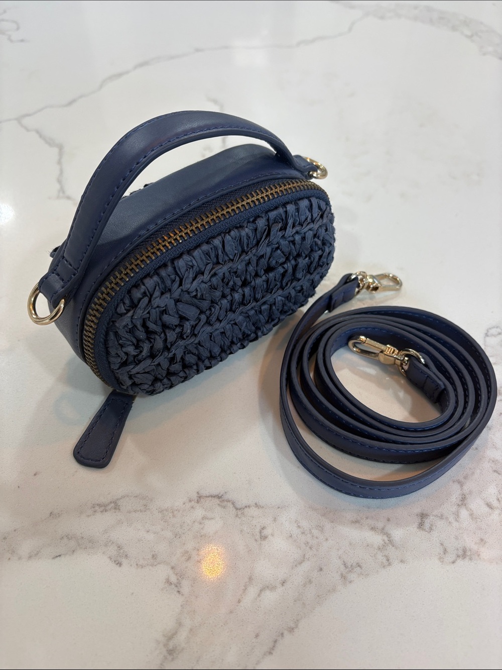 Ann Taylor Navy Blue Woven Raffia Mini Crossbody Bag